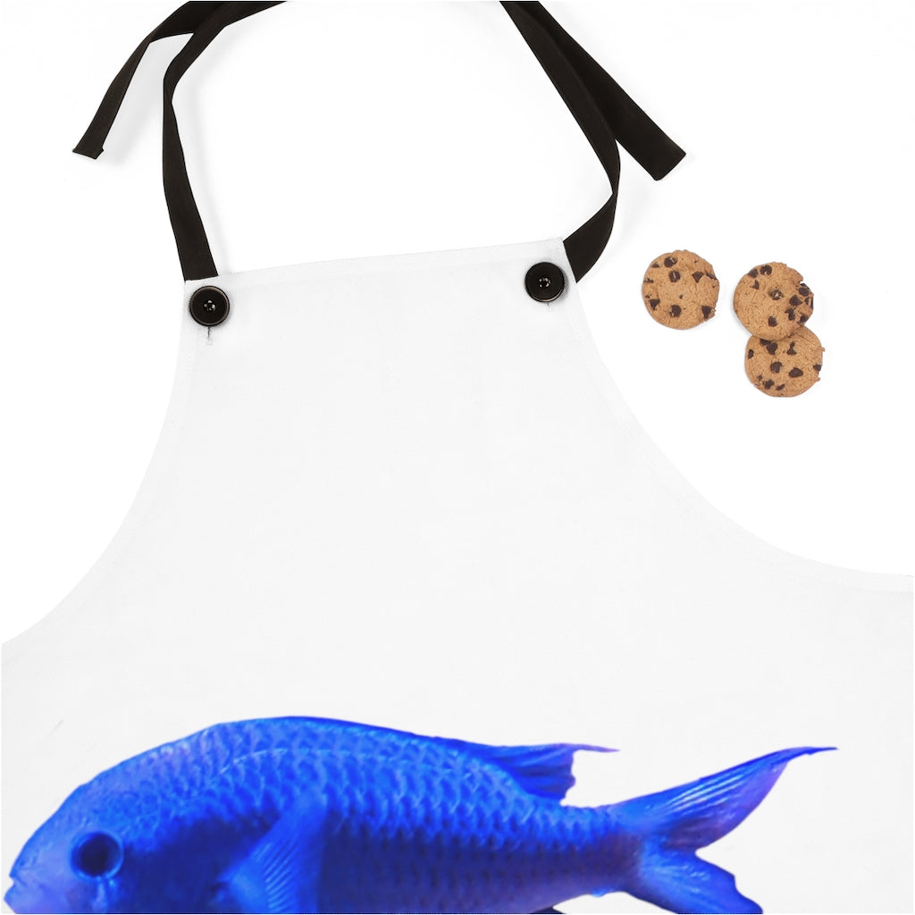 Stylish Blue Fish Apron made of durable polyester with black detachable twill straps, perfect for cooking and backyard cookouts.