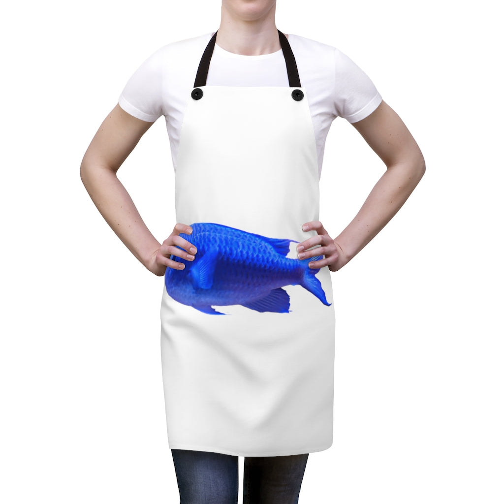 Stylish Blue Fish Apron made of durable polyester with black detachable twill straps, perfect for cooking and backyard cookouts.