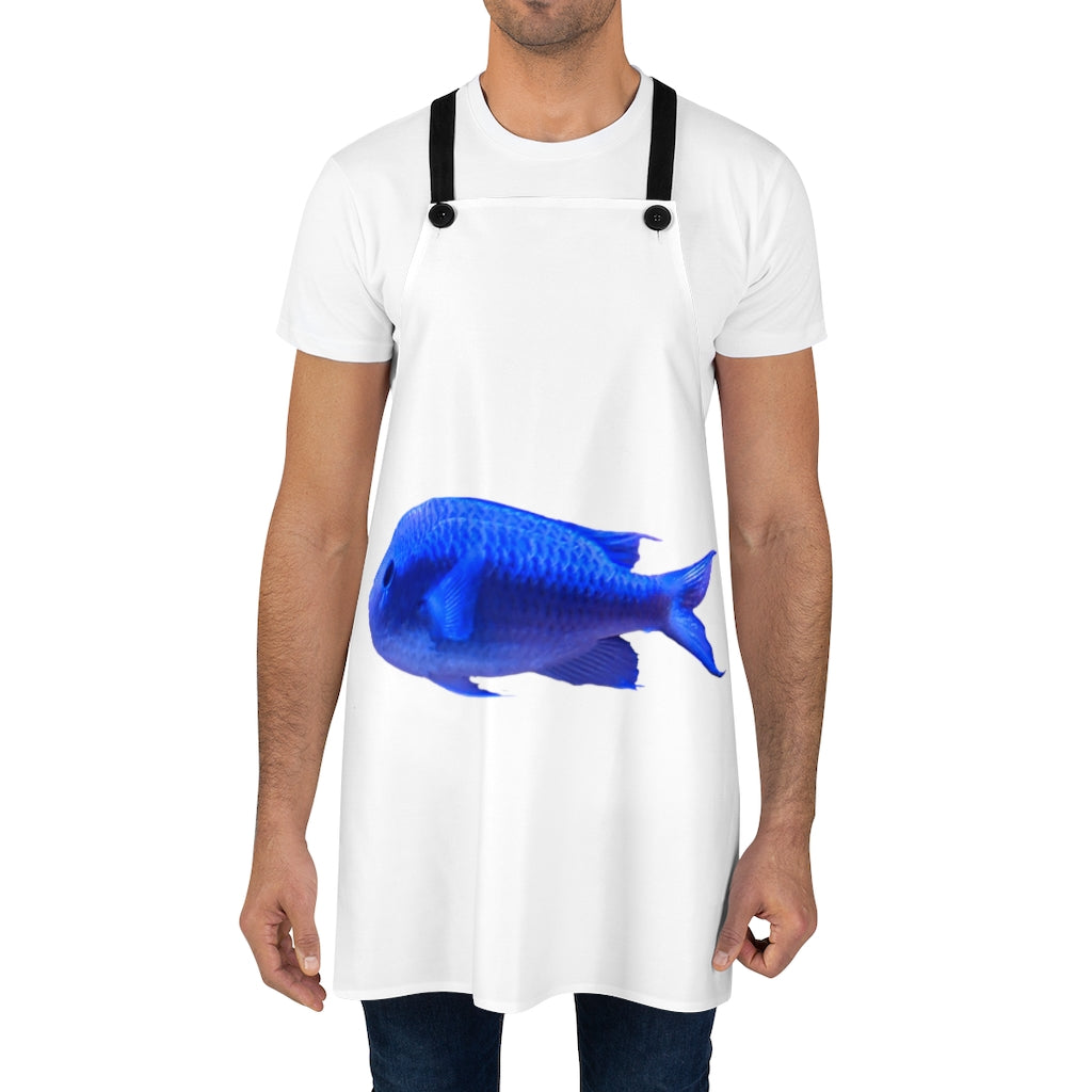 Stylish Blue Fish Apron made of durable polyester with black detachable twill straps, perfect for cooking and backyard cookouts.