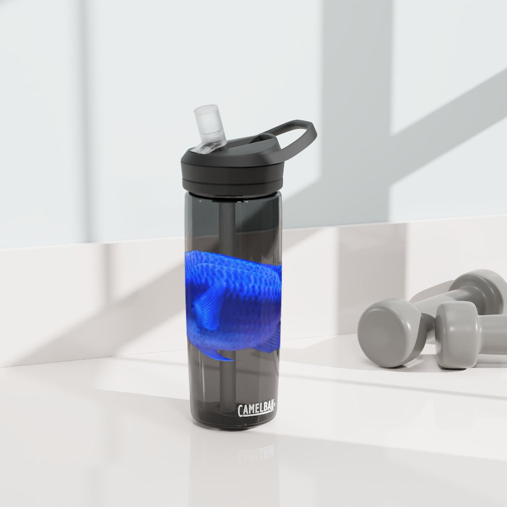 Blue Fish CamelBak Eddy® Water Bottle in 20oz and 25oz sizes, showcasing its robust design and spill-proof valve.