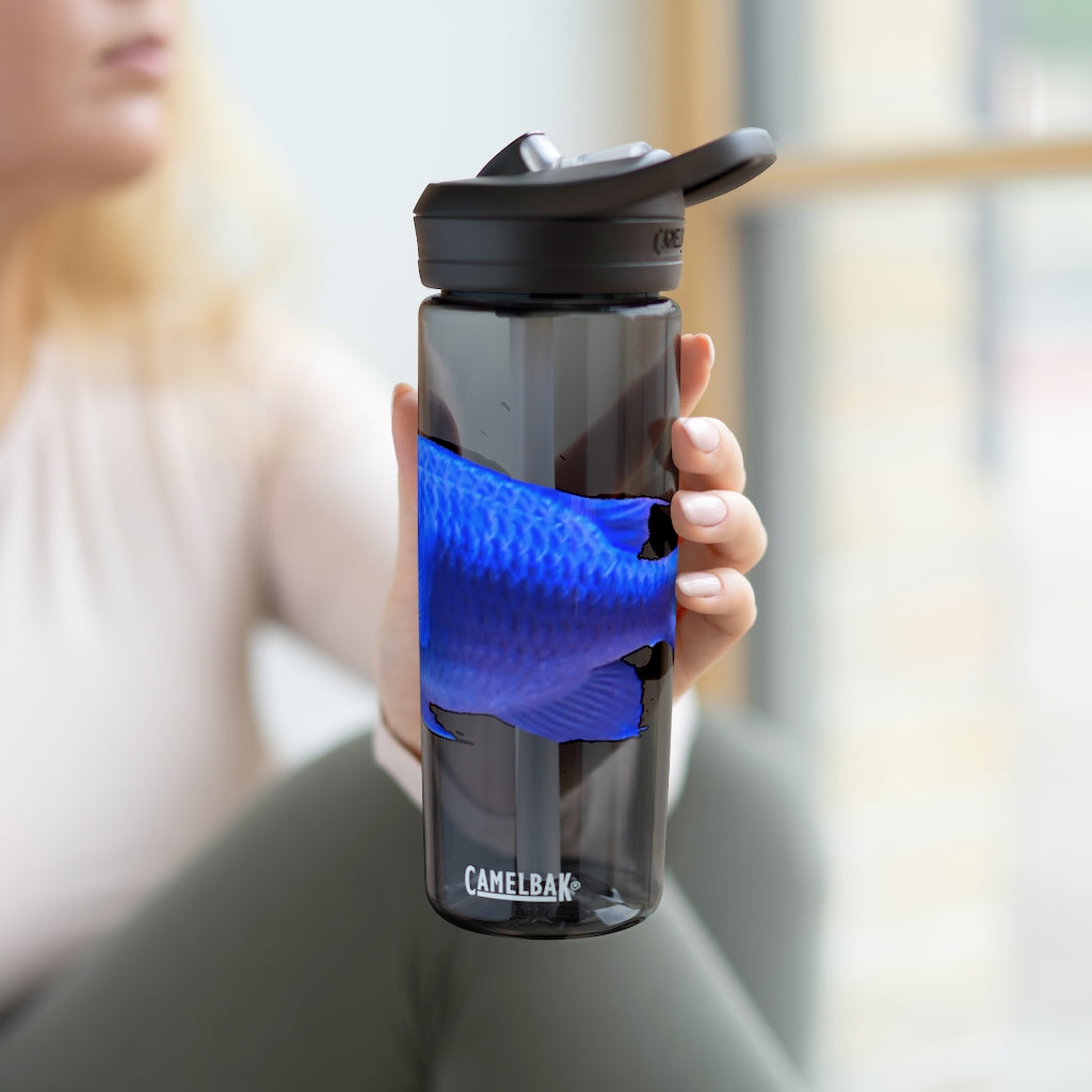 Blue Fish CamelBak Eddy® Water Bottle in 20oz and 25oz sizes, showcasing its robust design and spill-proof valve.