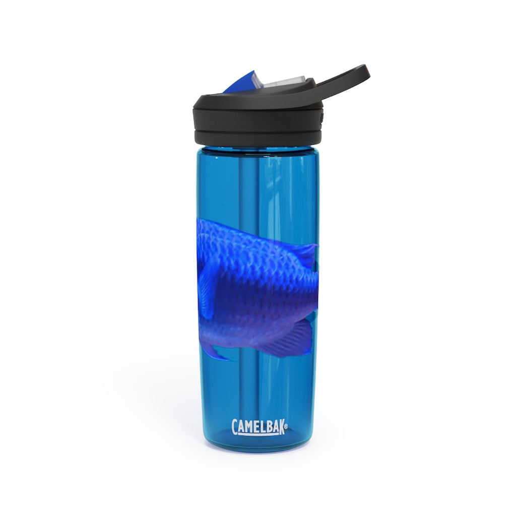 Blue Fish CamelBak Eddy® Water Bottle in 20oz and 25oz sizes, showcasing its robust design and spill-proof valve.