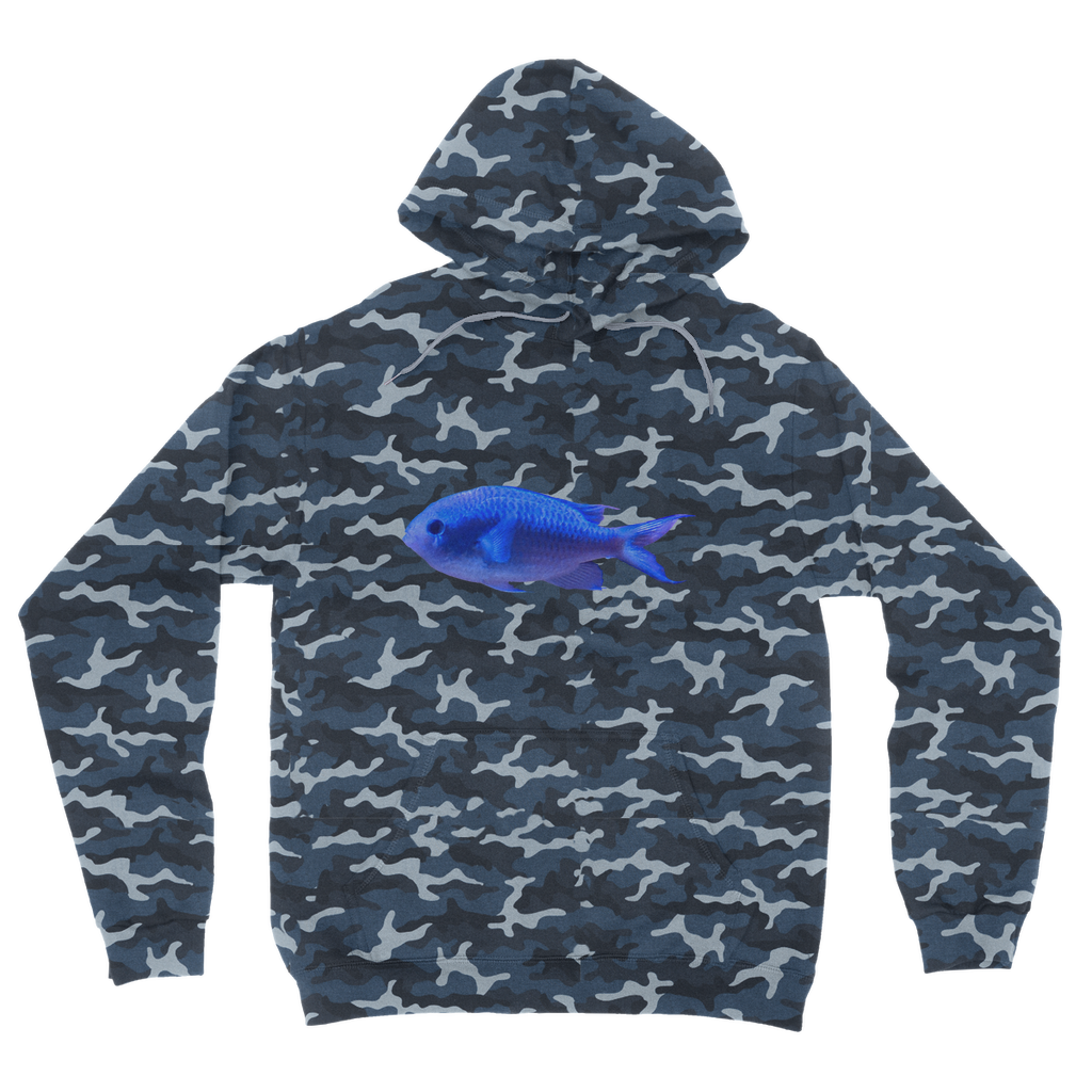 Blue Fish Camouflage Adult Hoodie featuring an all-over camo design, double fabric hood, and kangaroo pouch pocket.