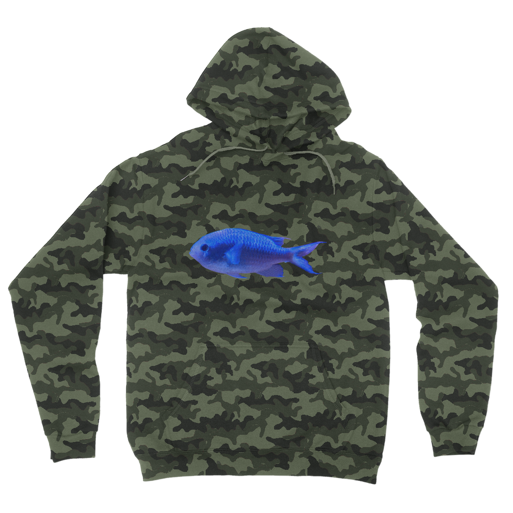 Blue Fish Camouflage Adult Hoodie featuring an all-over camo design, double fabric hood, and kangaroo pouch pocket.