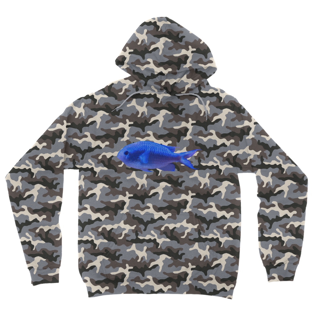 Blue Fish Camouflage Adult Hoodie featuring an all-over camo design, double fabric hood, and kangaroo pouch pocket.