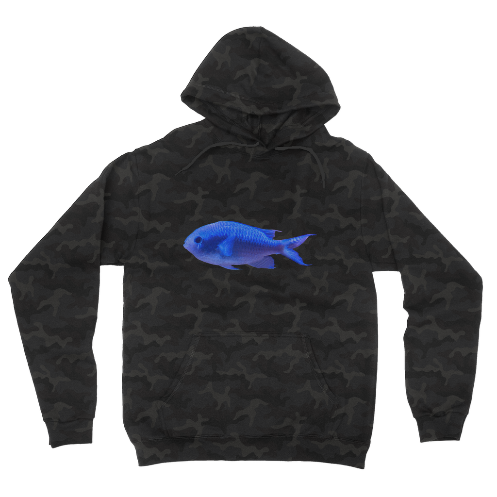 Blue Fish Camouflage Adult Hoodie featuring an all-over camo design, double fabric hood, and kangaroo pouch pocket.