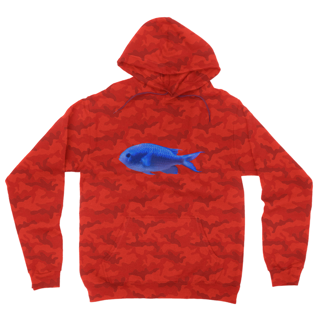 Blue Fish Camouflage Adult Hoodie featuring an all-over camo design, double fabric hood, and kangaroo pouch pocket.