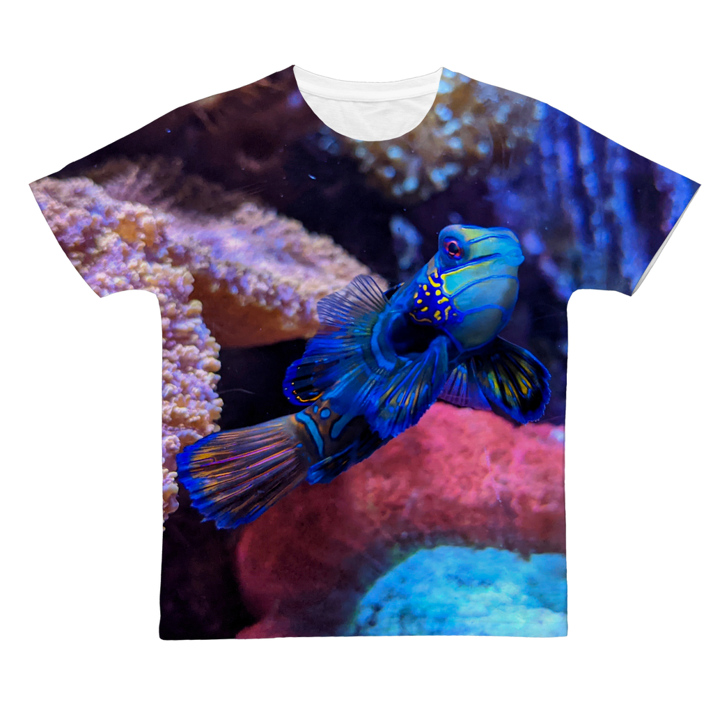 Blue Fish Classic Sublimation Adult T-Shirt in vibrant colors, showcasing its soft polyester fabric and design suitability for sublimation printing.