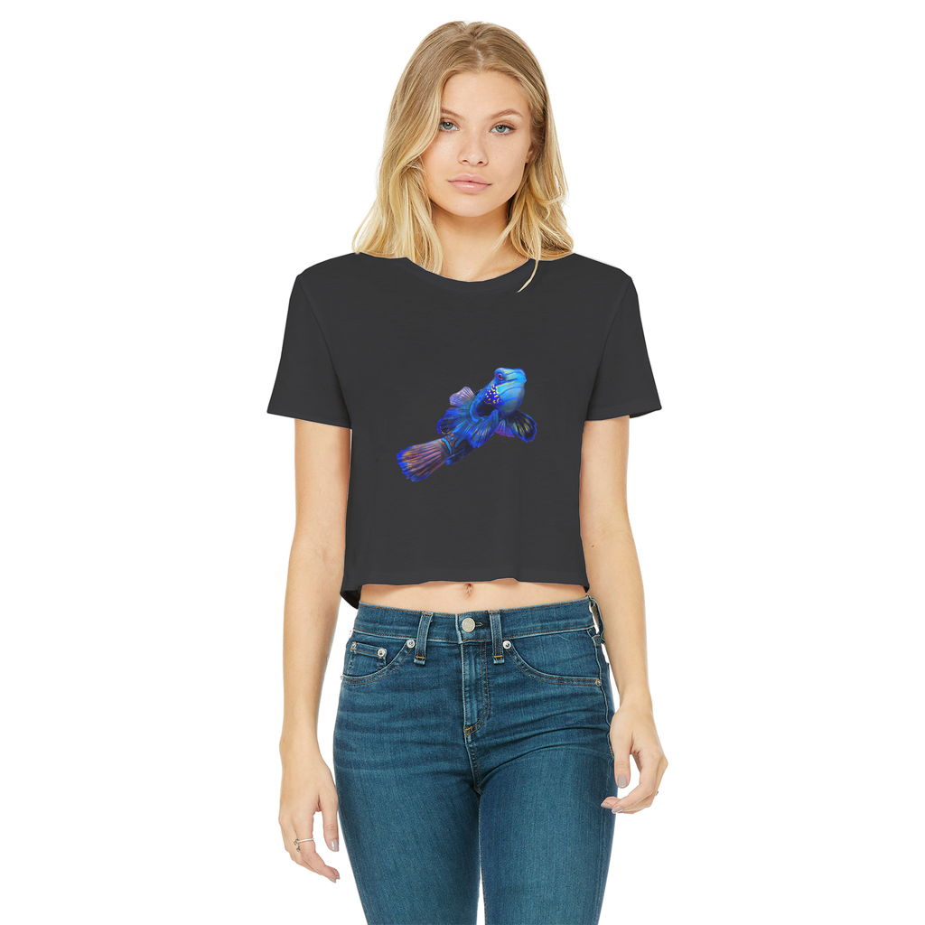 Blue Fish Classic Women's Cropped Raw Edge T-Shirt featuring a round neck, short sleeves, and a raw edge hem in a stylish design.