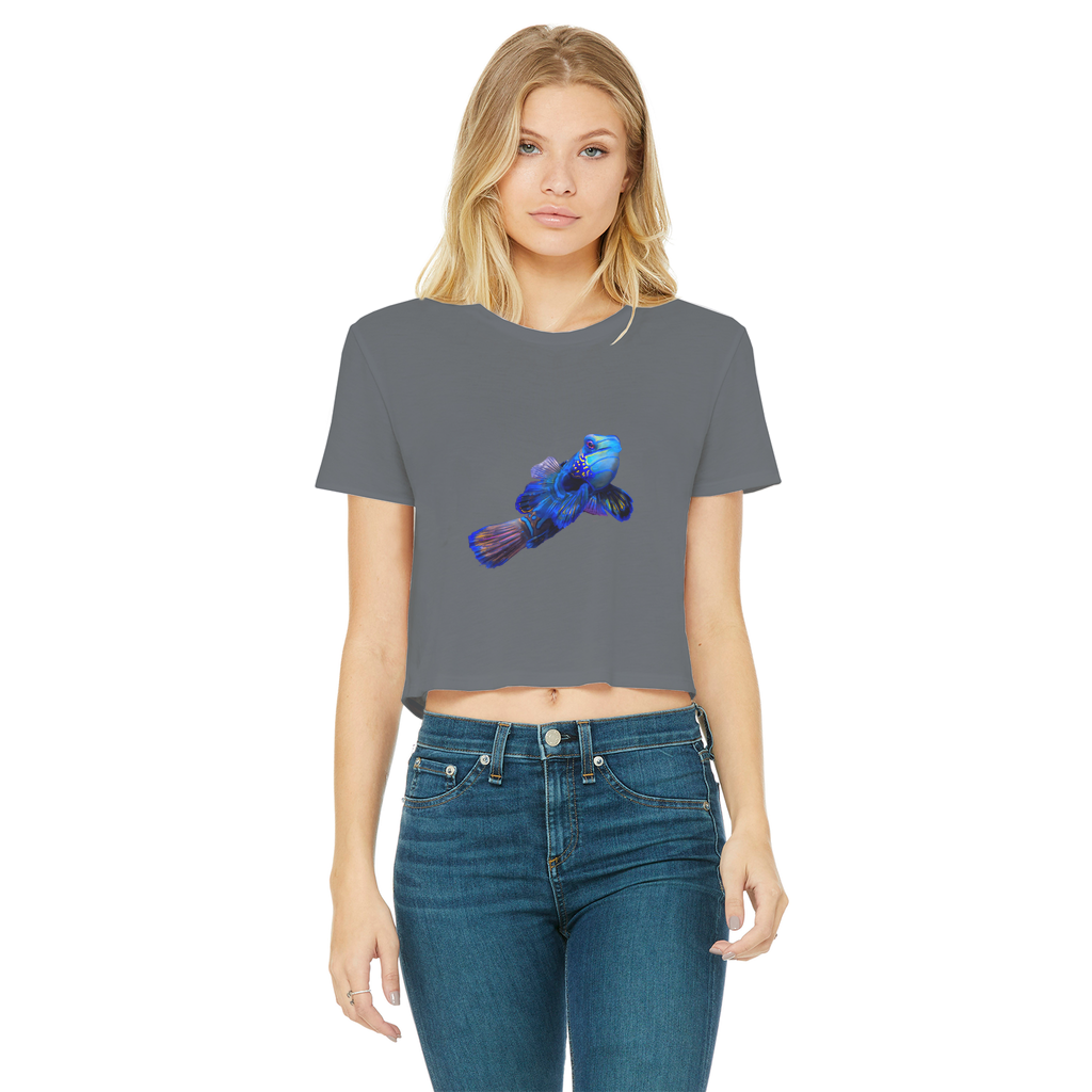 Blue Fish Classic Women's Cropped Raw Edge T-Shirt featuring a round neck, short sleeves, and a raw edge hem in a stylish design.