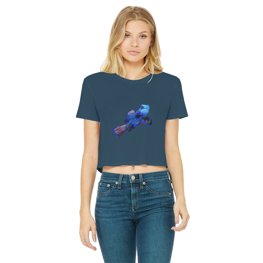 Blue Fish Classic Women's Cropped Raw Edge T-Shirt featuring a round neck, short sleeves, and a raw edge hem in a stylish design.