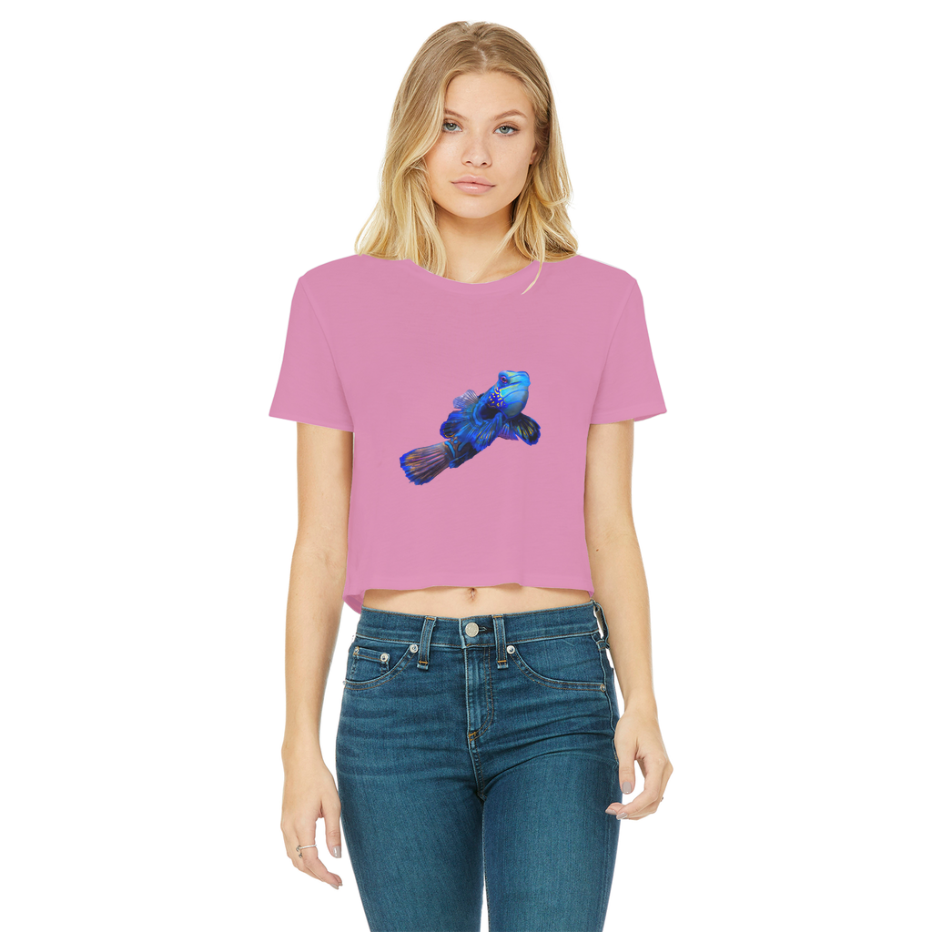 Blue Fish Classic Women's Cropped Raw Edge T-Shirt featuring a round neck, short sleeves, and a raw edge hem in a stylish design.