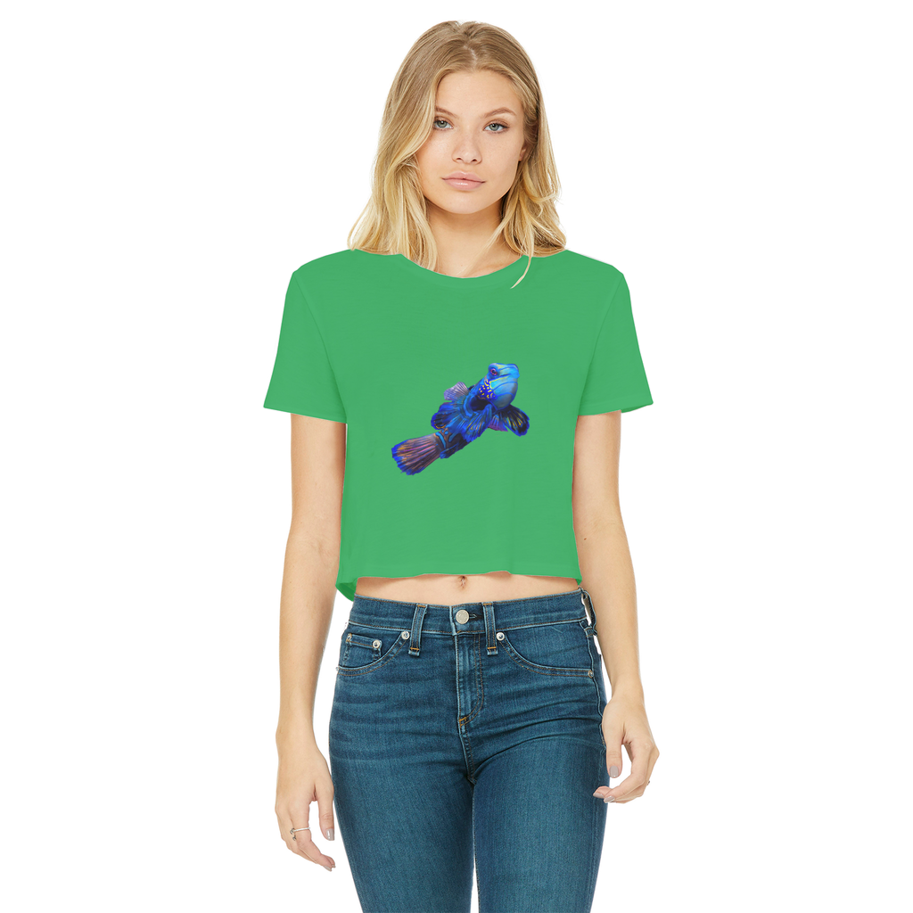 Blue Fish Classic Women's Cropped Raw Edge T-Shirt featuring a round neck, short sleeves, and a raw edge hem in a stylish design.