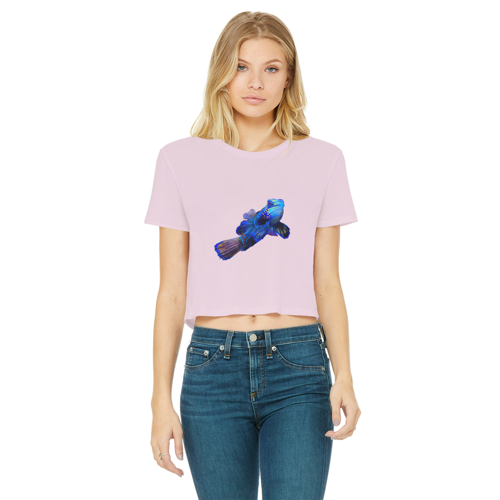 Blue Fish Classic Women's Cropped Raw Edge T-Shirt featuring a round neck, short sleeves, and a raw edge hem in a stylish design.