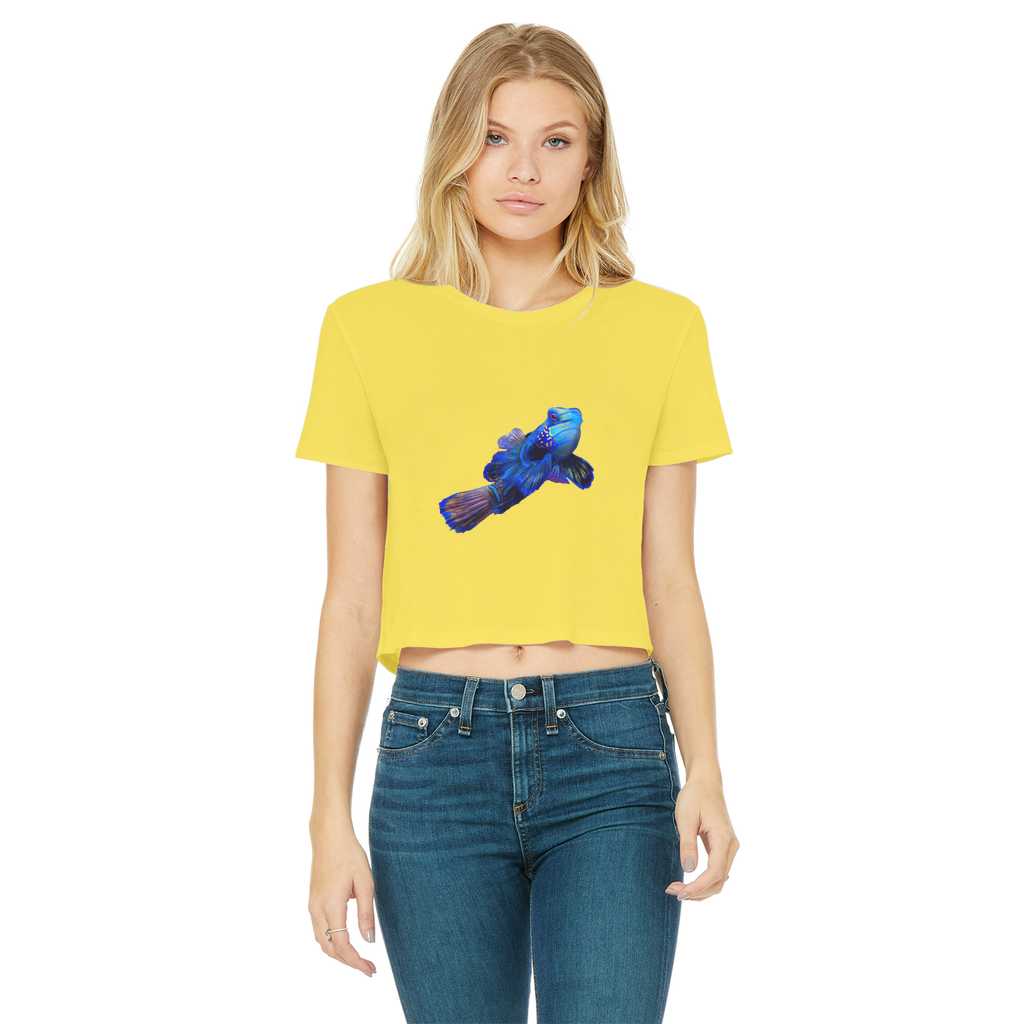 Blue Fish Classic Women's Cropped Raw Edge T-Shirt featuring a round neck, short sleeves, and a raw edge hem in a stylish design.