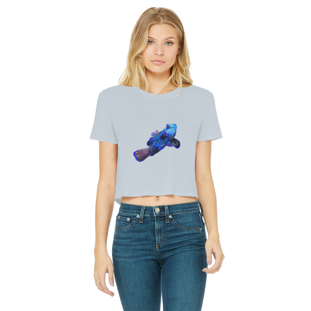 Blue Fish Classic Women's Cropped Raw Edge T-Shirt featuring a round neck, short sleeves, and a raw edge hem in a stylish design.