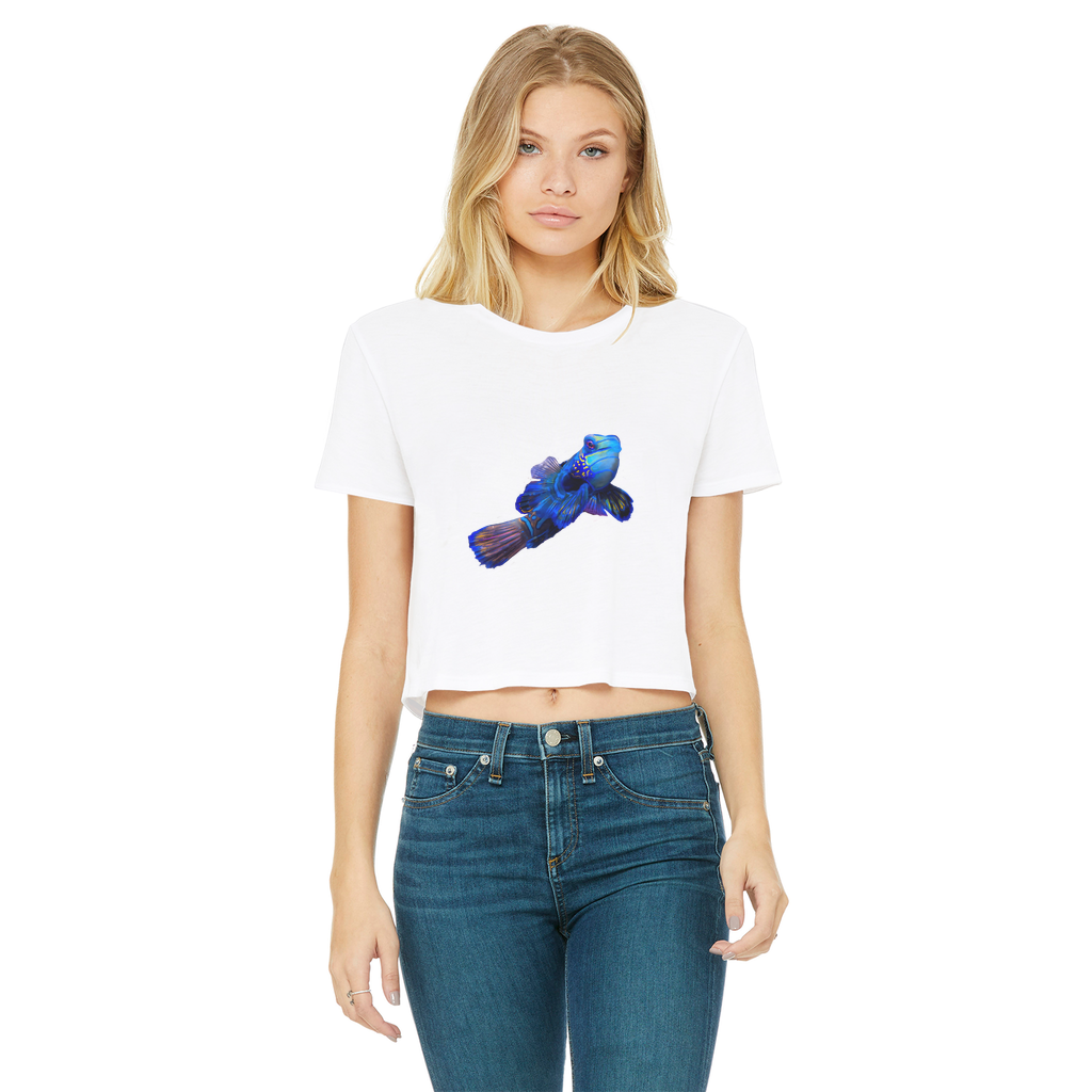 Blue Fish Classic Women's Cropped Raw Edge T-Shirt featuring a round neck, short sleeves, and a raw edge hem in a stylish design.