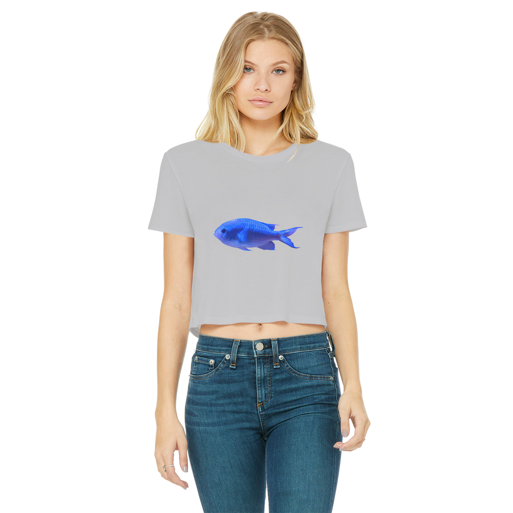 Blue Fish Classic Women's Cropped Raw Edge T-Shirt featuring a round neck, short sleeves, and a raw edge hem in a stylish design.