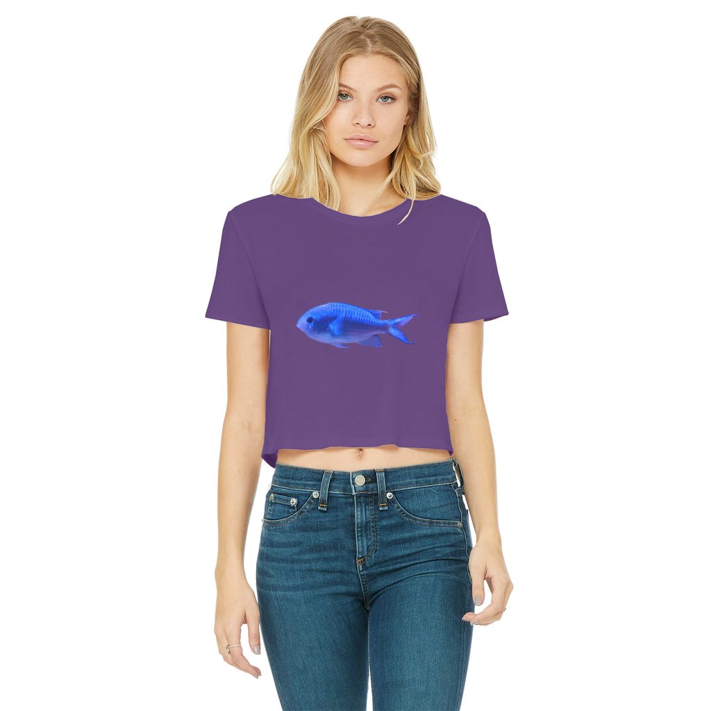 Blue Fish Classic Women's Cropped Raw Edge T-Shirt featuring a round neck, short sleeves, and a raw edge hem in a stylish design.