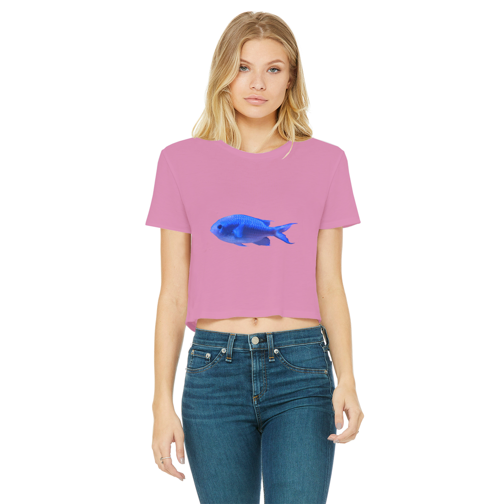 Blue Fish Classic Women's Cropped Raw Edge T-Shirt featuring a round neck, short sleeves, and a raw edge hem in a stylish design.