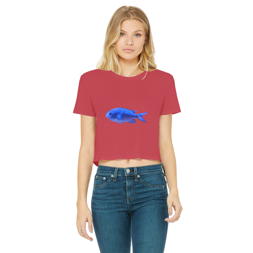 Blue Fish Classic Women's Cropped Raw Edge T-Shirt featuring a round neck, short sleeves, and a raw edge hem in a stylish design.