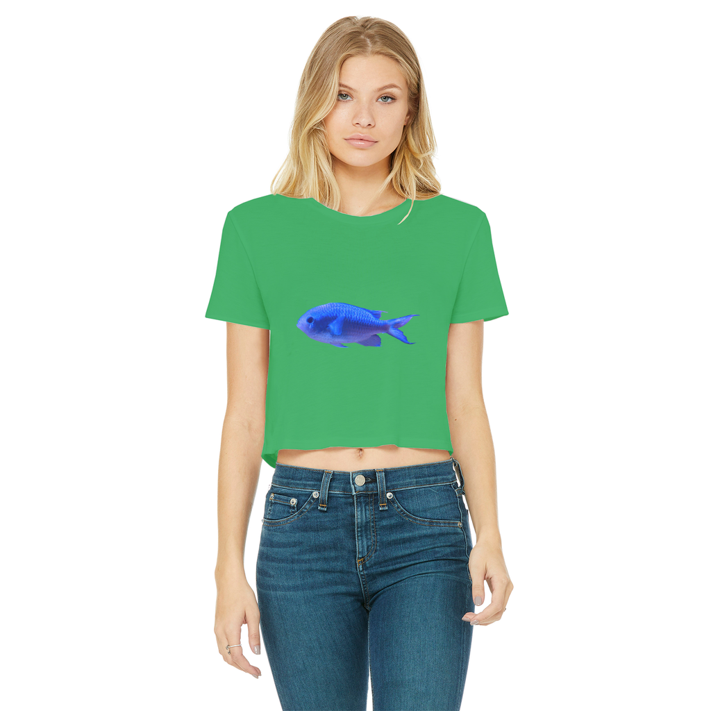 Blue Fish Classic Women's Cropped Raw Edge T-Shirt featuring a round neck, short sleeves, and a raw edge hem in a stylish design.