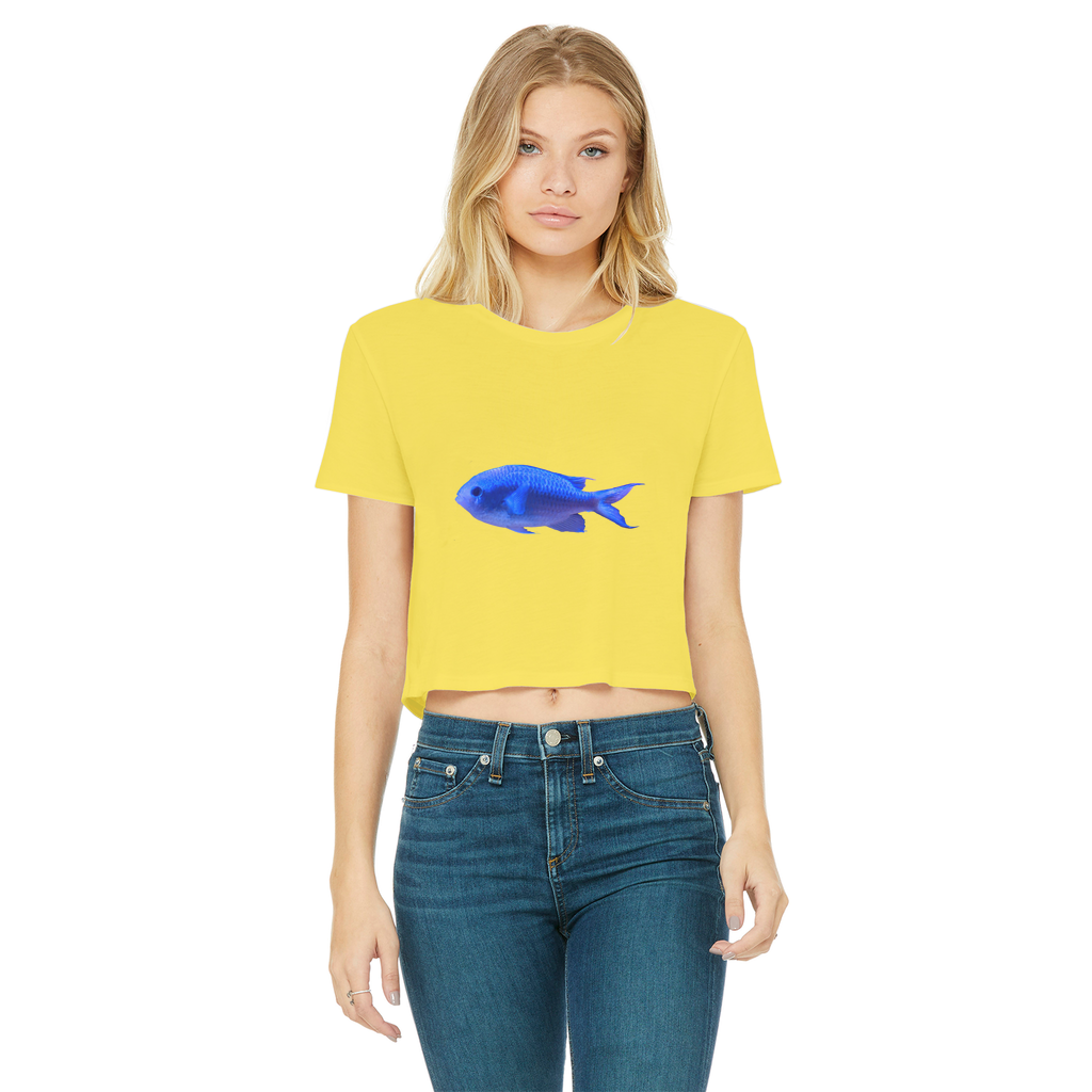 Blue Fish Classic Women's Cropped Raw Edge T-Shirt featuring a round neck, short sleeves, and a raw edge hem in a stylish design.