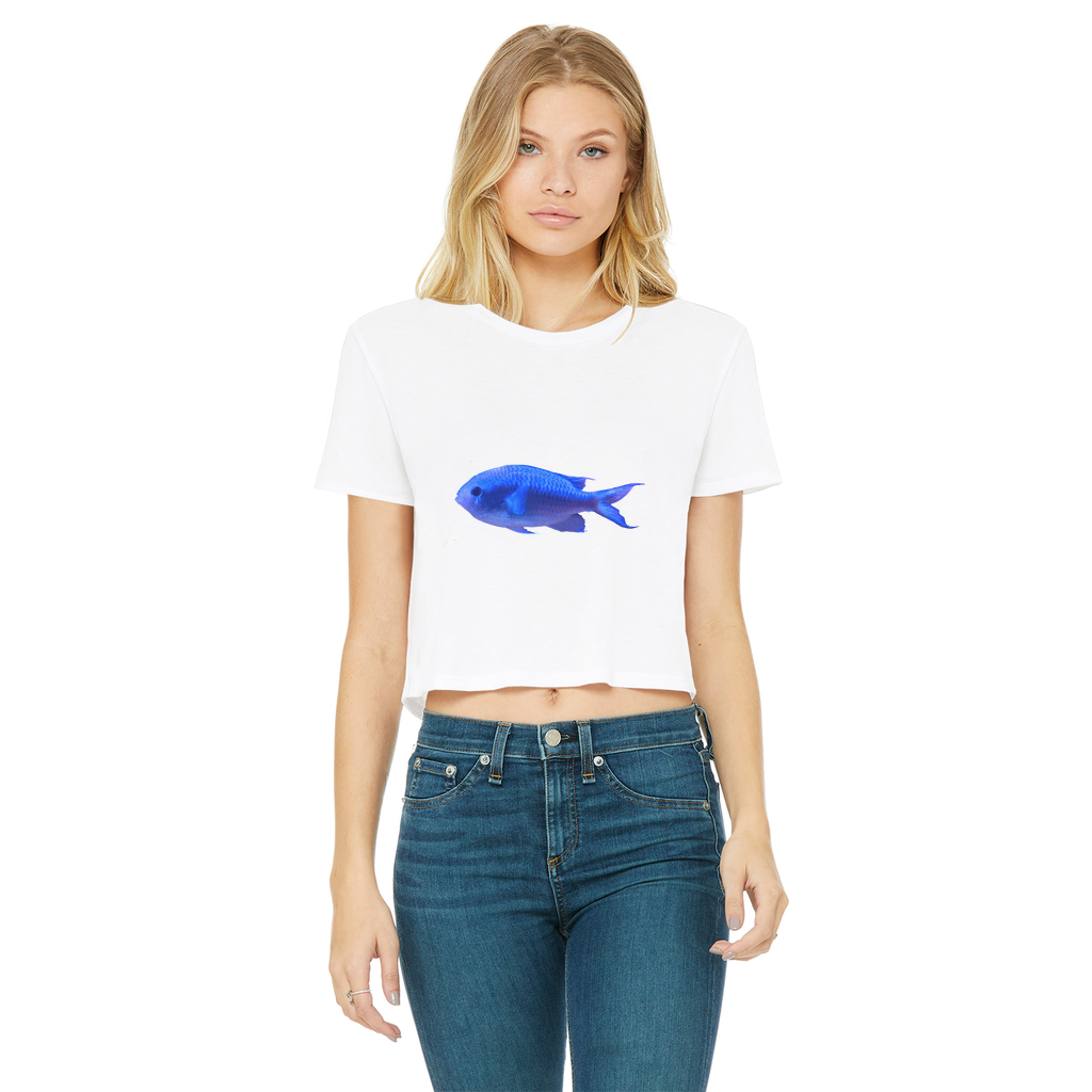 Blue Fish Classic Women's Cropped Raw Edge T-Shirt featuring a round neck, short sleeves, and a raw edge hem in a stylish design.