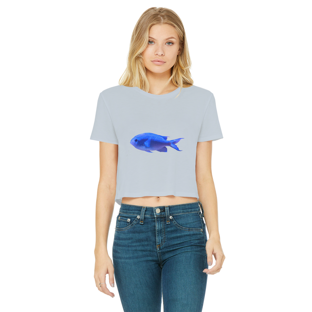 Blue Fish Classic Women's Cropped Raw Edge T-Shirt featuring a round neck, short sleeves, and a raw edge hem in a stylish design.