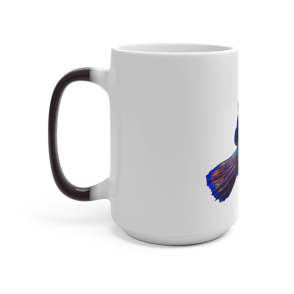 A blue fish color changing mug showcasing vibrant colors when filled with hot liquid, featuring a rounded design and C-handle.