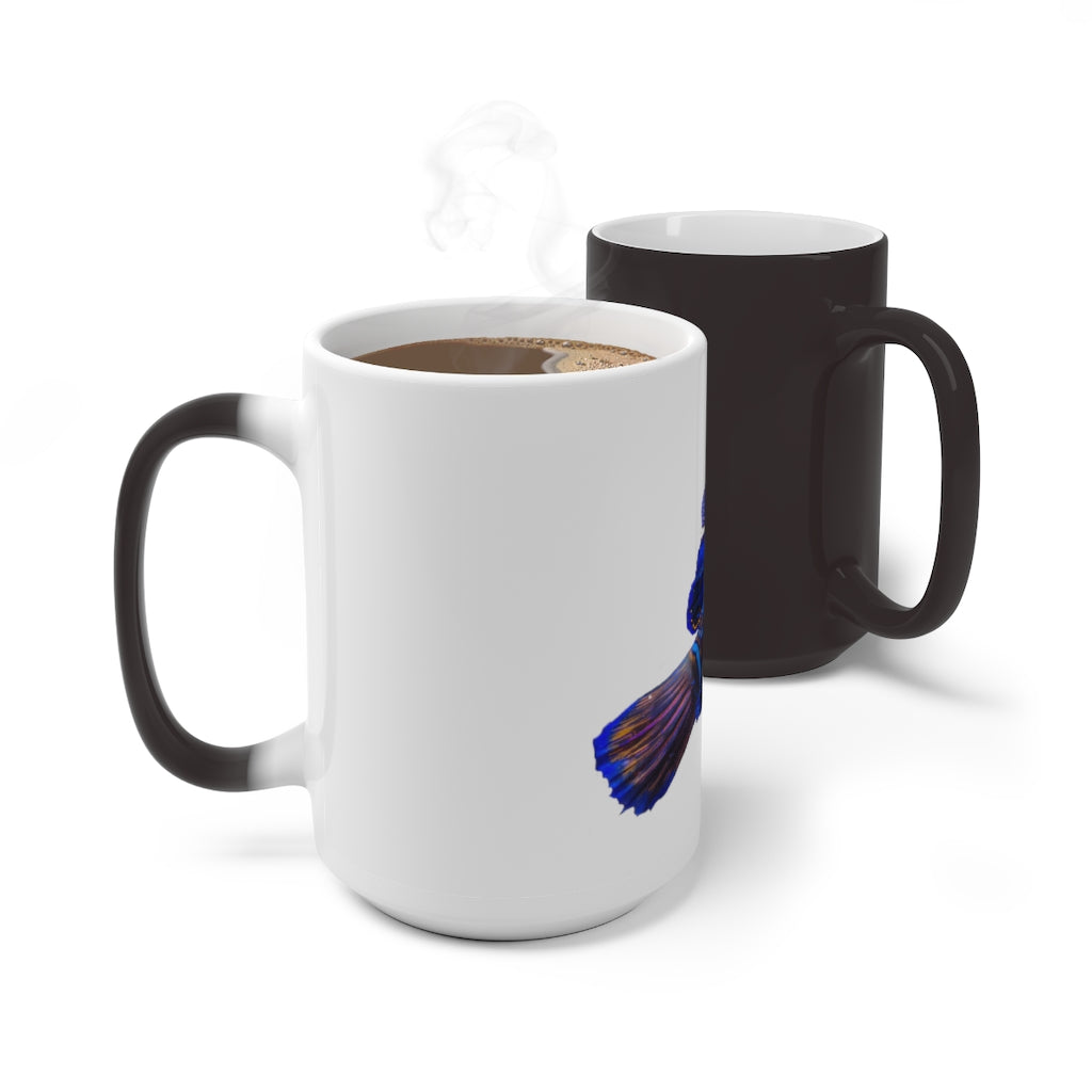 A blue fish color changing mug showcasing vibrant colors when filled with hot liquid, featuring a rounded design and C-handle.