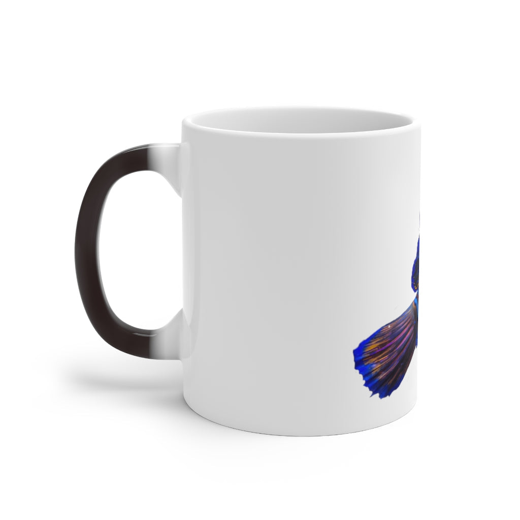 A blue fish color changing mug showcasing vibrant colors when filled with hot liquid, featuring a rounded design and C-handle.