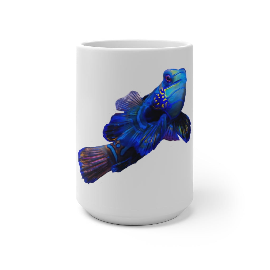 A blue fish color changing mug showcasing vibrant colors when filled with hot liquid, featuring a rounded design and C-handle.