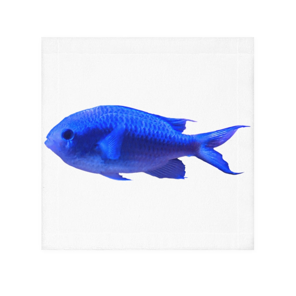 Blue Fish Face Towel featuring a customizable polyester front and soft cotton back, ideal for personal designs.