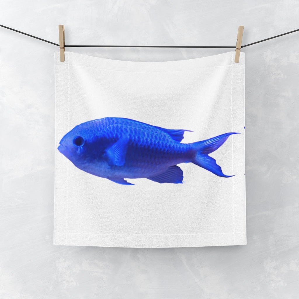 Blue Fish Face Towel featuring a customizable polyester front and soft cotton back, ideal for personal designs.