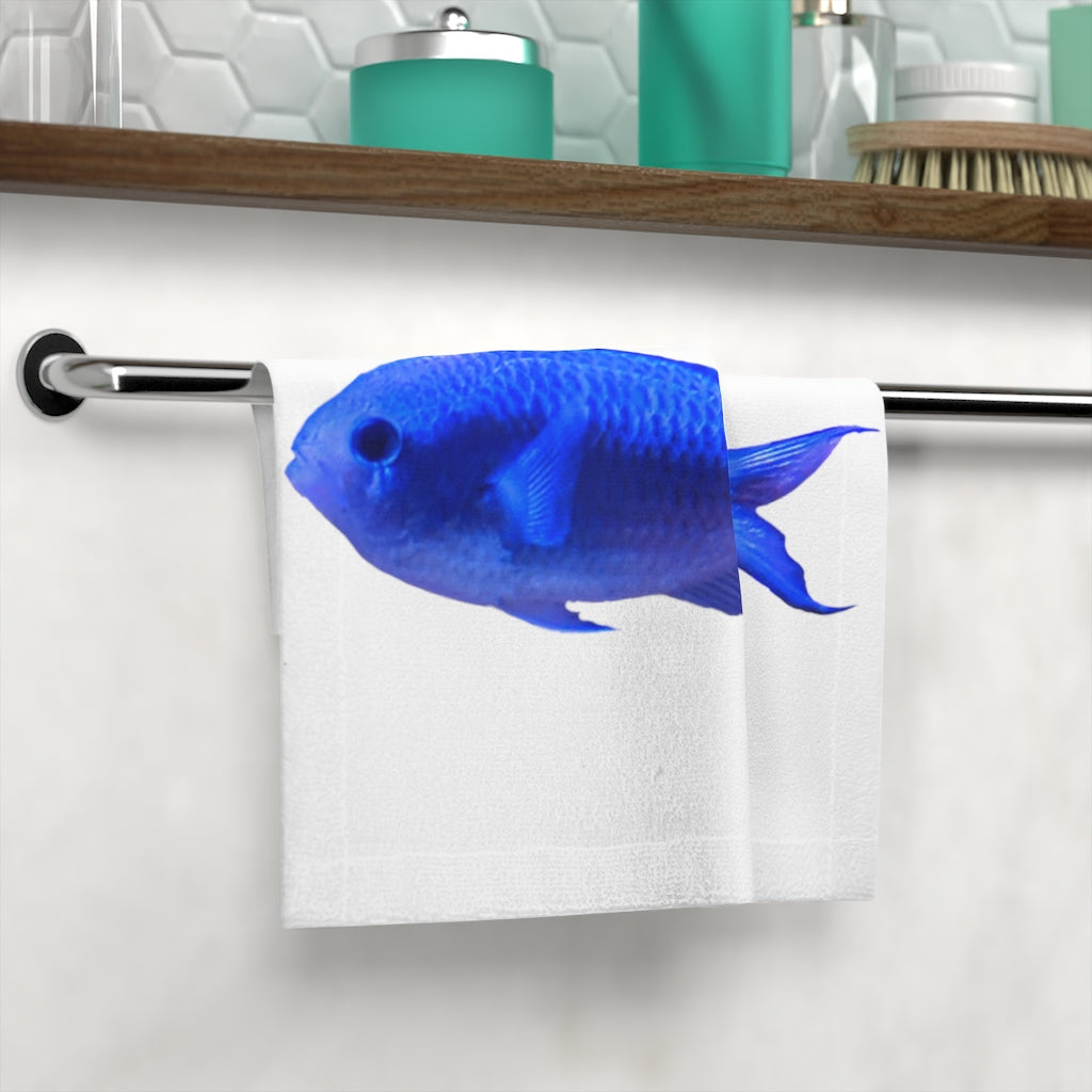 Blue Fish Face Towel featuring a customizable polyester front and soft cotton back, ideal for personal designs.