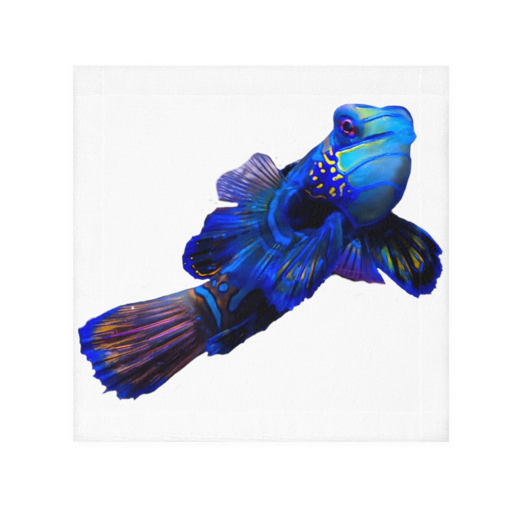 Blue Fish Face Towel featuring a vibrant customizable design on a soft polyester blend front and absorbent cotton back.