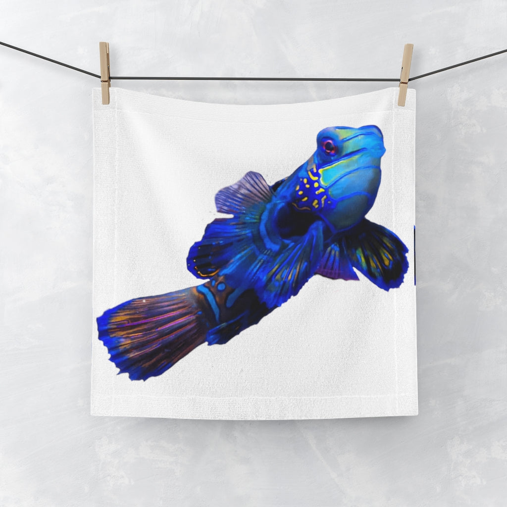 Blue Fish Face Towel featuring a vibrant customizable design on a soft polyester blend front and absorbent cotton back.