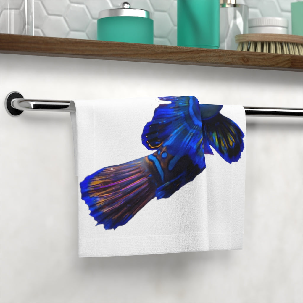 Blue Fish Face Towel featuring a vibrant customizable design on a soft polyester blend front and absorbent cotton back.