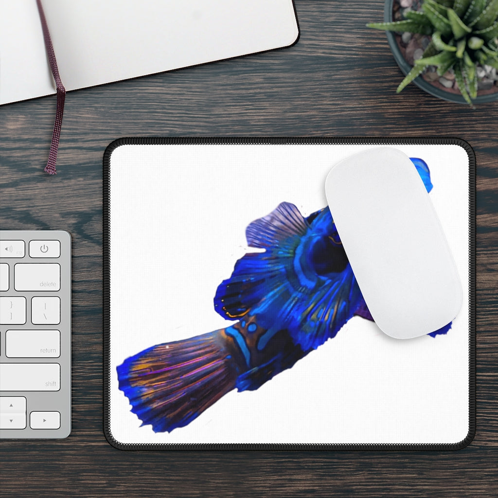 Blue Fish Gaming Mouse Pad featuring vibrant blue fish design with stitched edges and smooth surface.