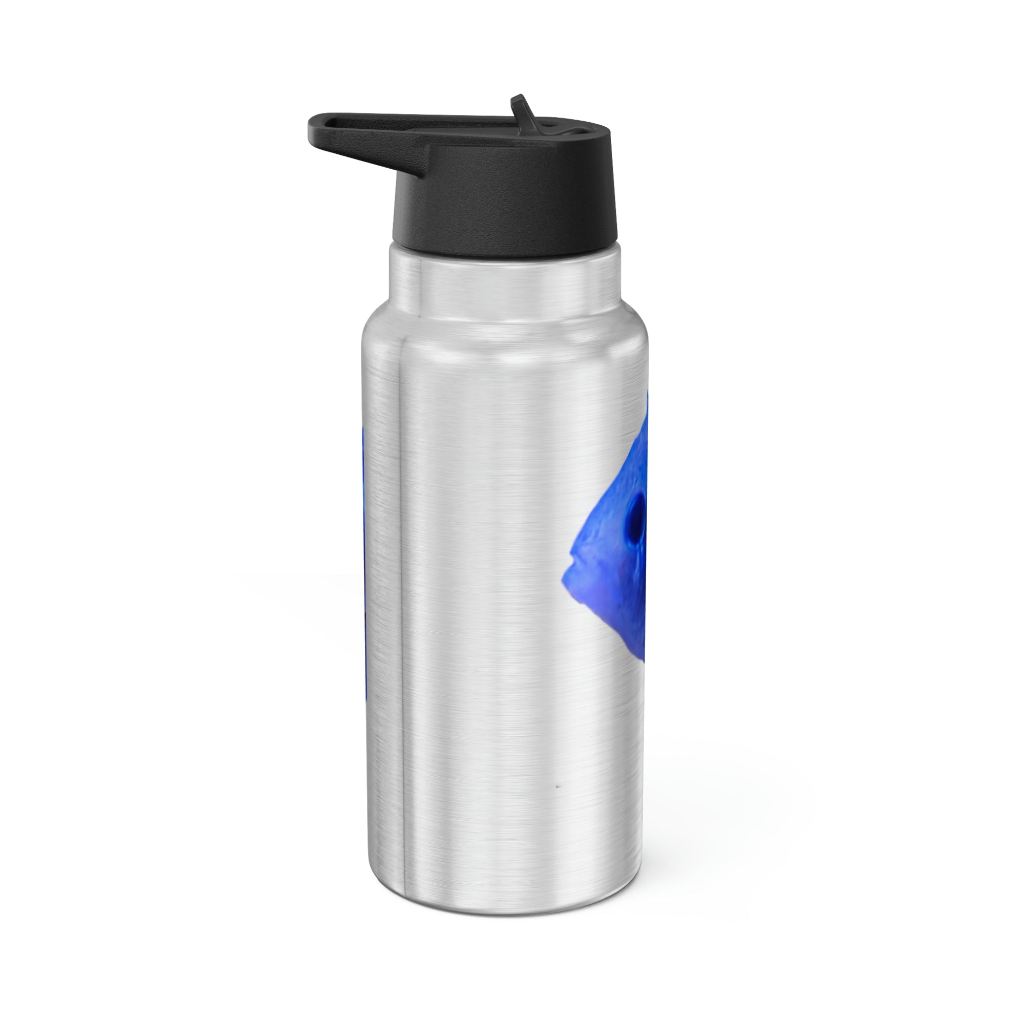 Blue Fish Gator Tumbler, 32oz, stainless steel with a black screw-on cap and plastic straw, customizable design surface.