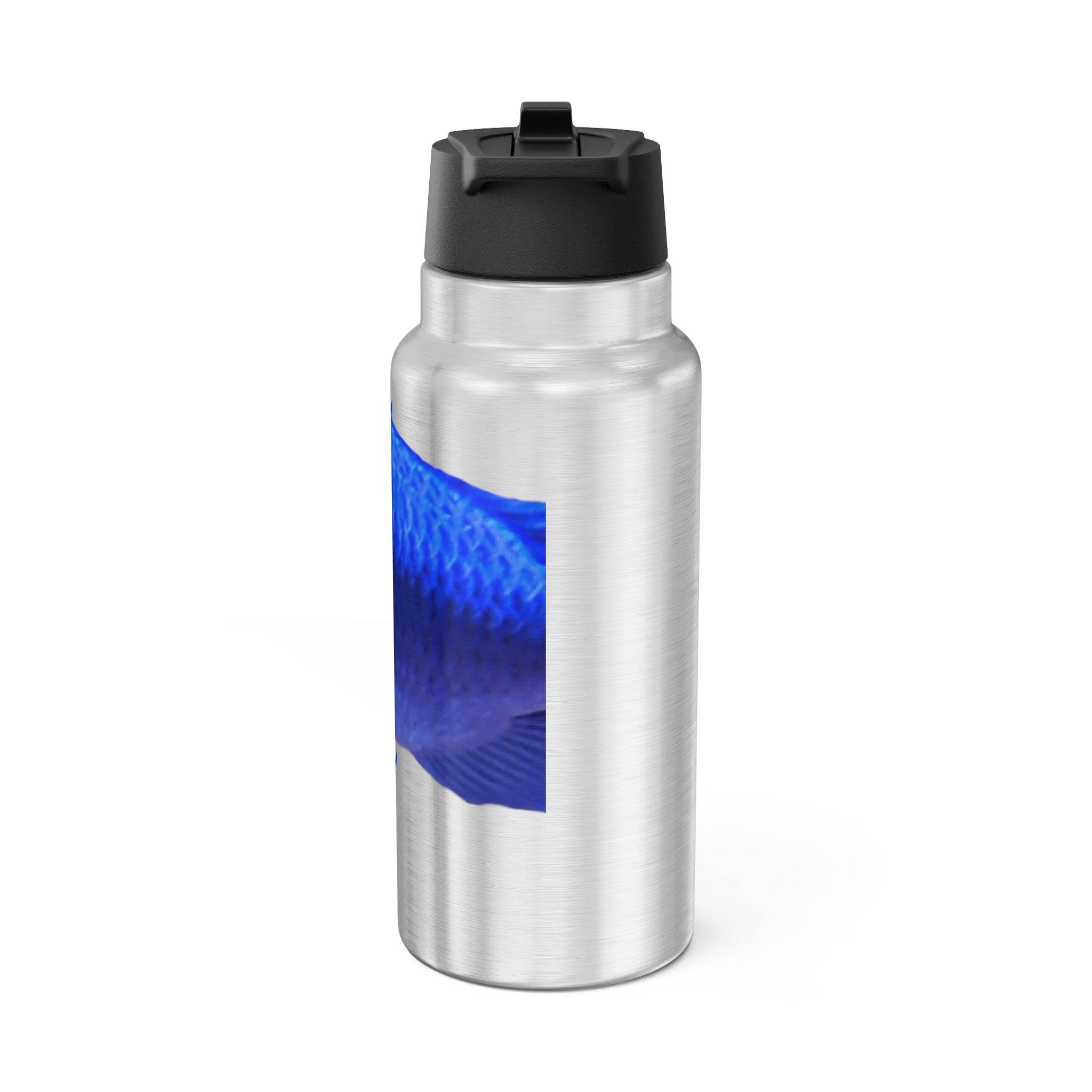 Blue Fish Gator Tumbler, 32oz, stainless steel with a black screw-on cap and plastic straw, customizable design surface.