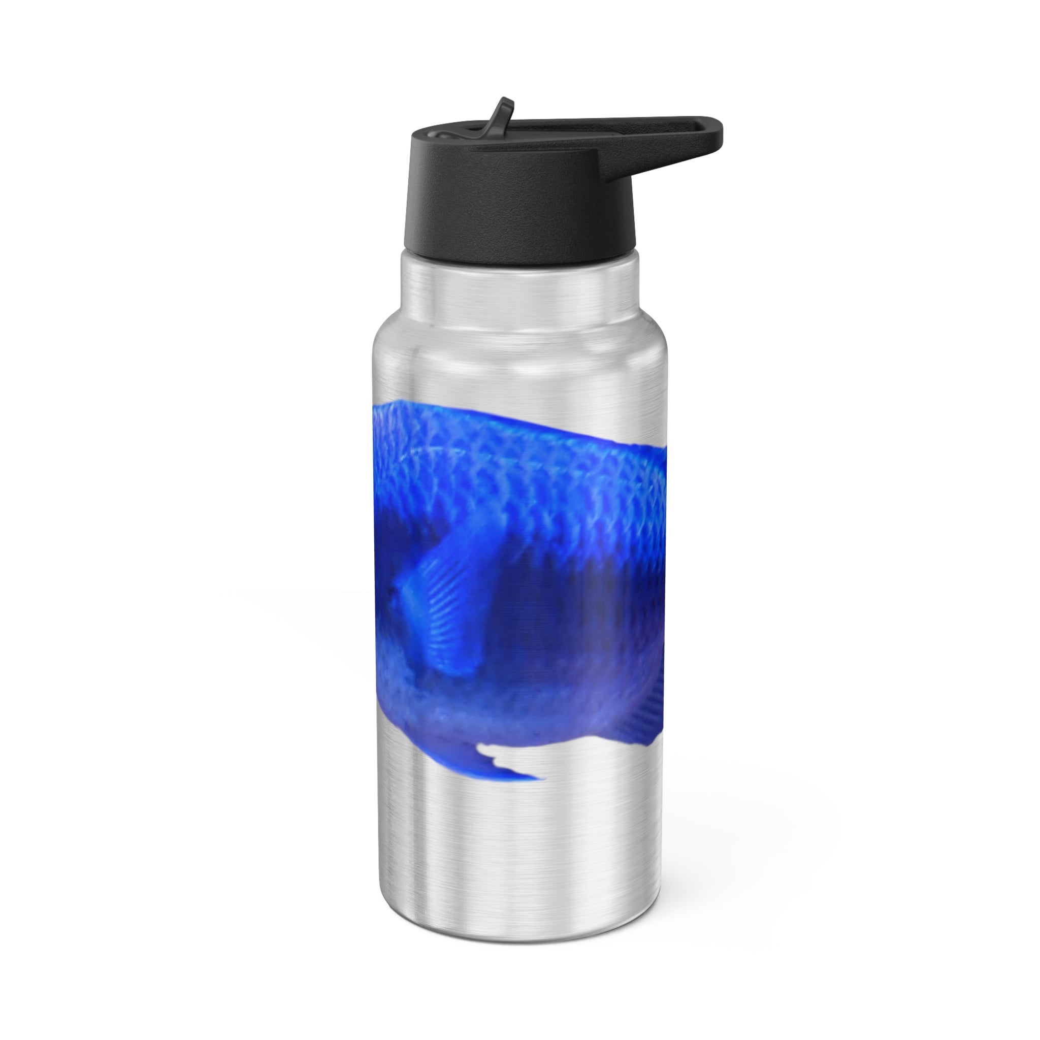 Blue Fish Gator Tumbler, 32oz, stainless steel with a black screw-on cap and plastic straw, customizable design surface.