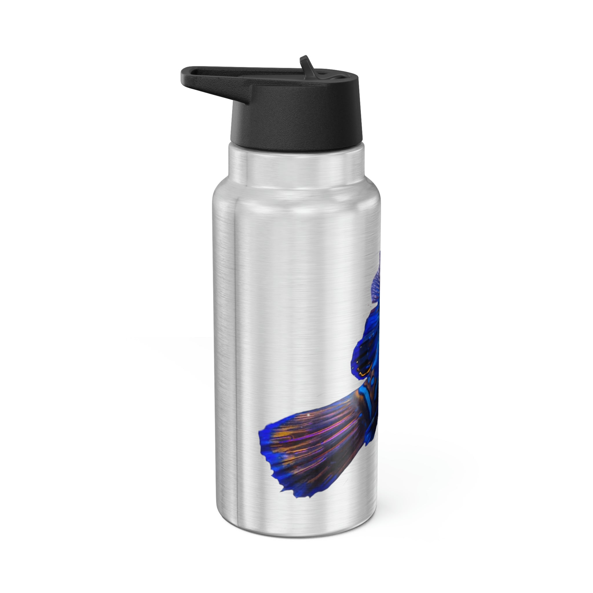 Blue Fish Gator Tumbler, 32oz, stainless steel with a black screw-on cap and plastic straw, showcasing a customizable design.