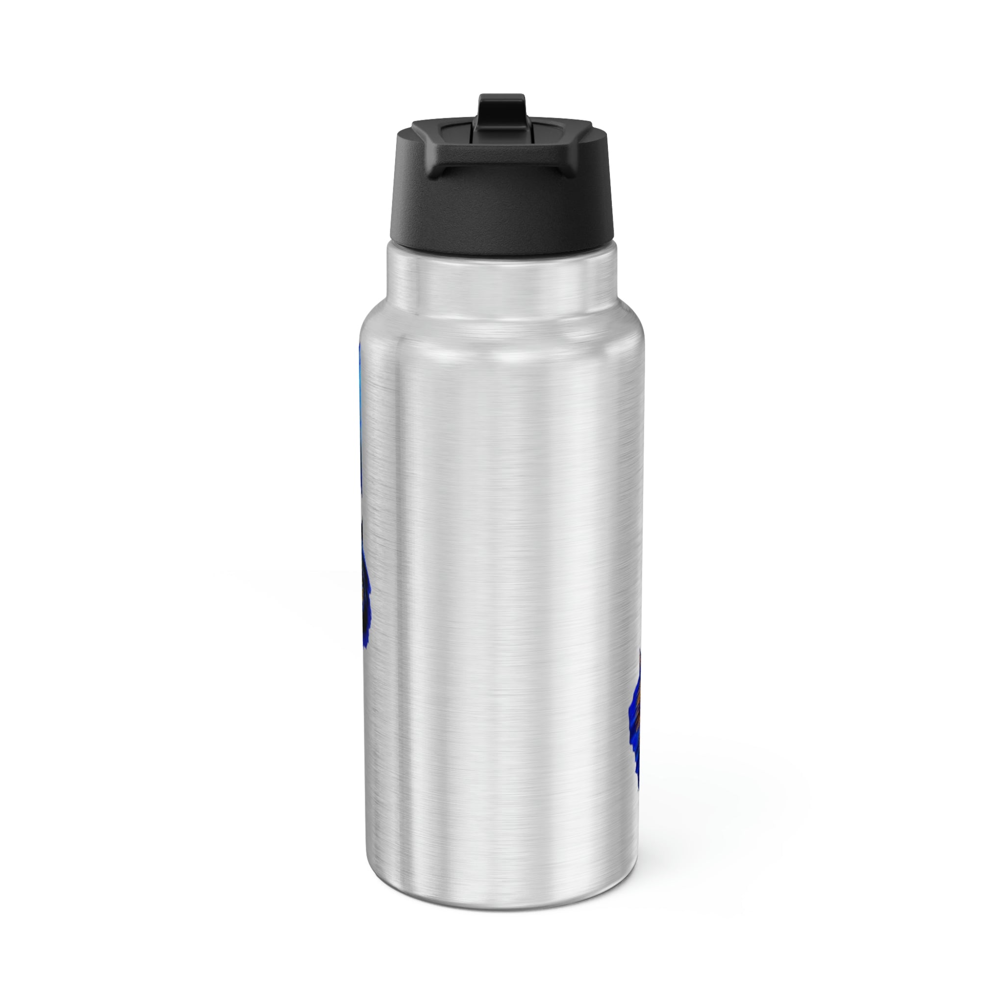 Blue Fish Gator Tumbler, 32oz, stainless steel with a black screw-on cap and plastic straw, showcasing a customizable design.