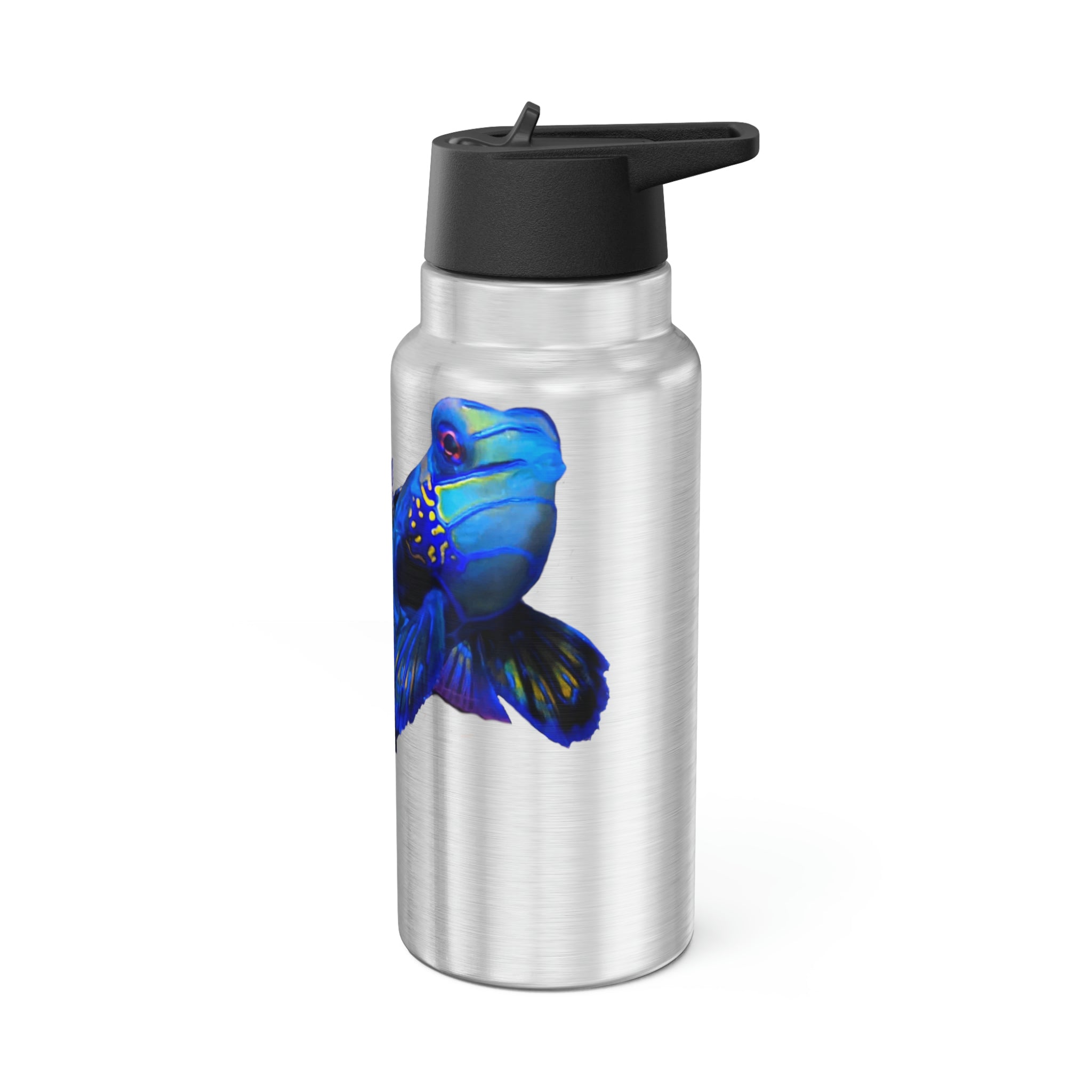 Blue Fish Gator Tumbler, 32oz, stainless steel with a black screw-on cap and plastic straw, showcasing a customizable design.