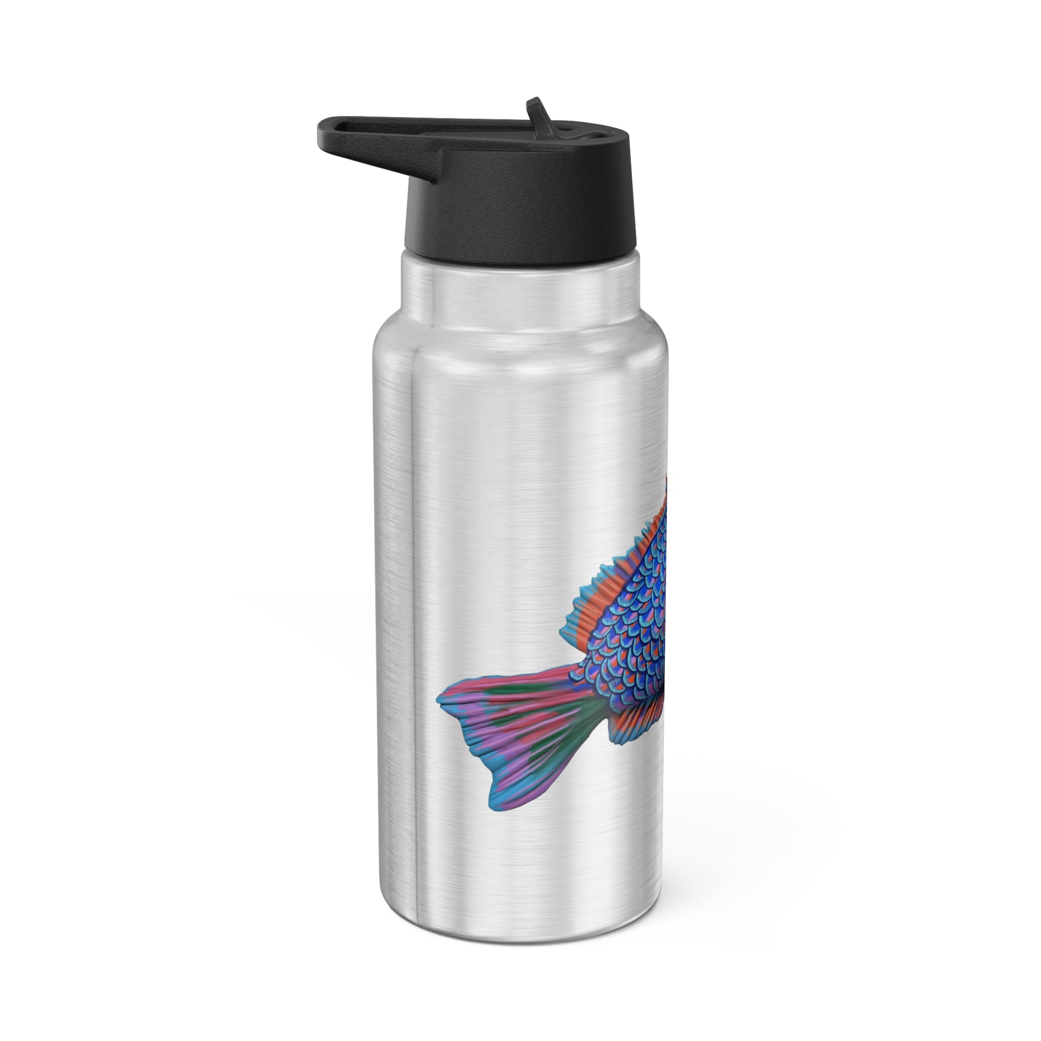 Blue Fish Gator Tumbler, 32oz, stainless steel with a black screw-on cap and plastic straw, customizable design.