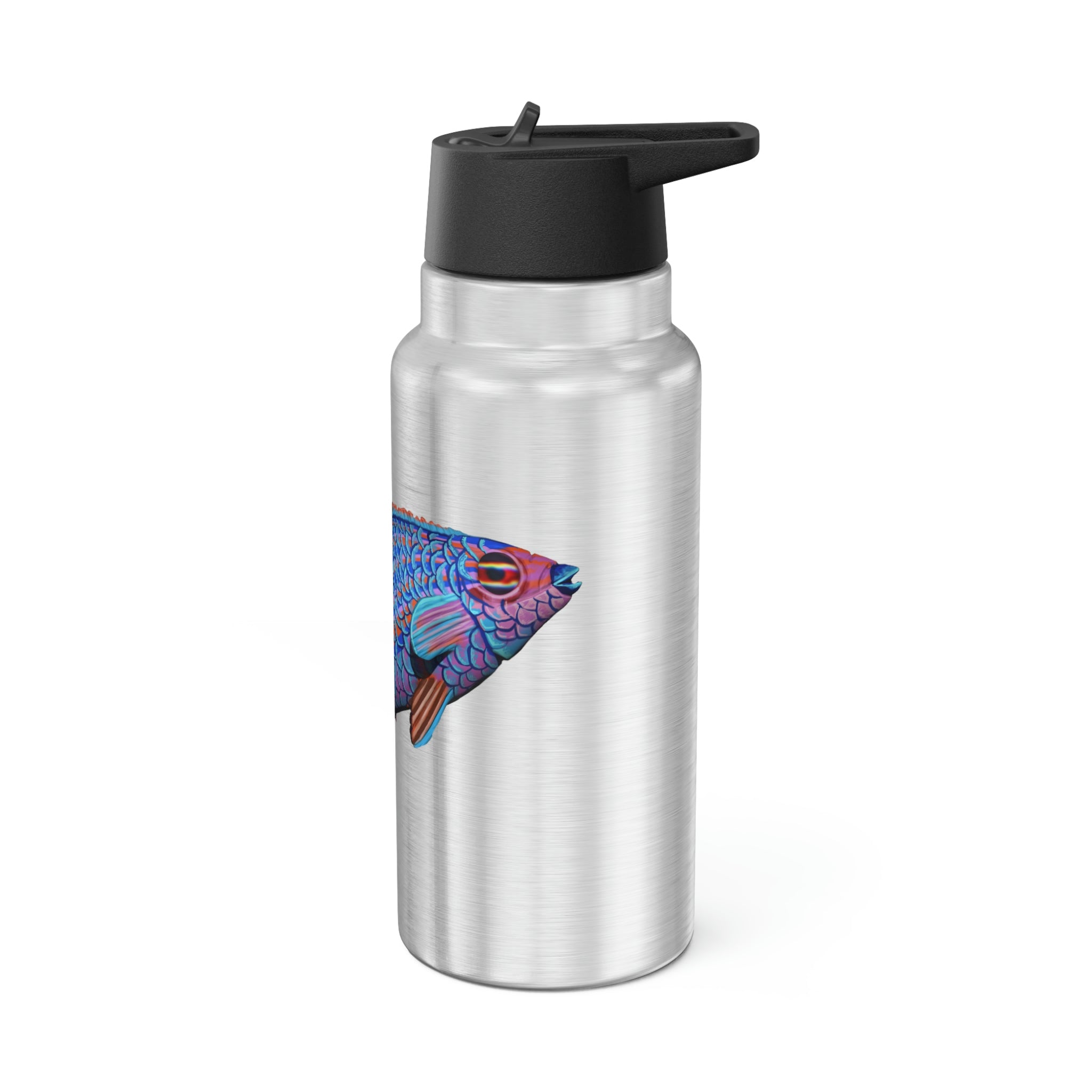 Blue Fish Gator Tumbler, 32oz, stainless steel with a black screw-on cap and plastic straw, customizable design.