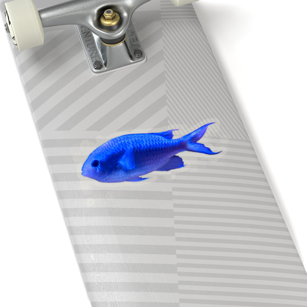 Blue Fish Kiss-Cut Stickers showcasing various custom shapes and sizes on a white background.