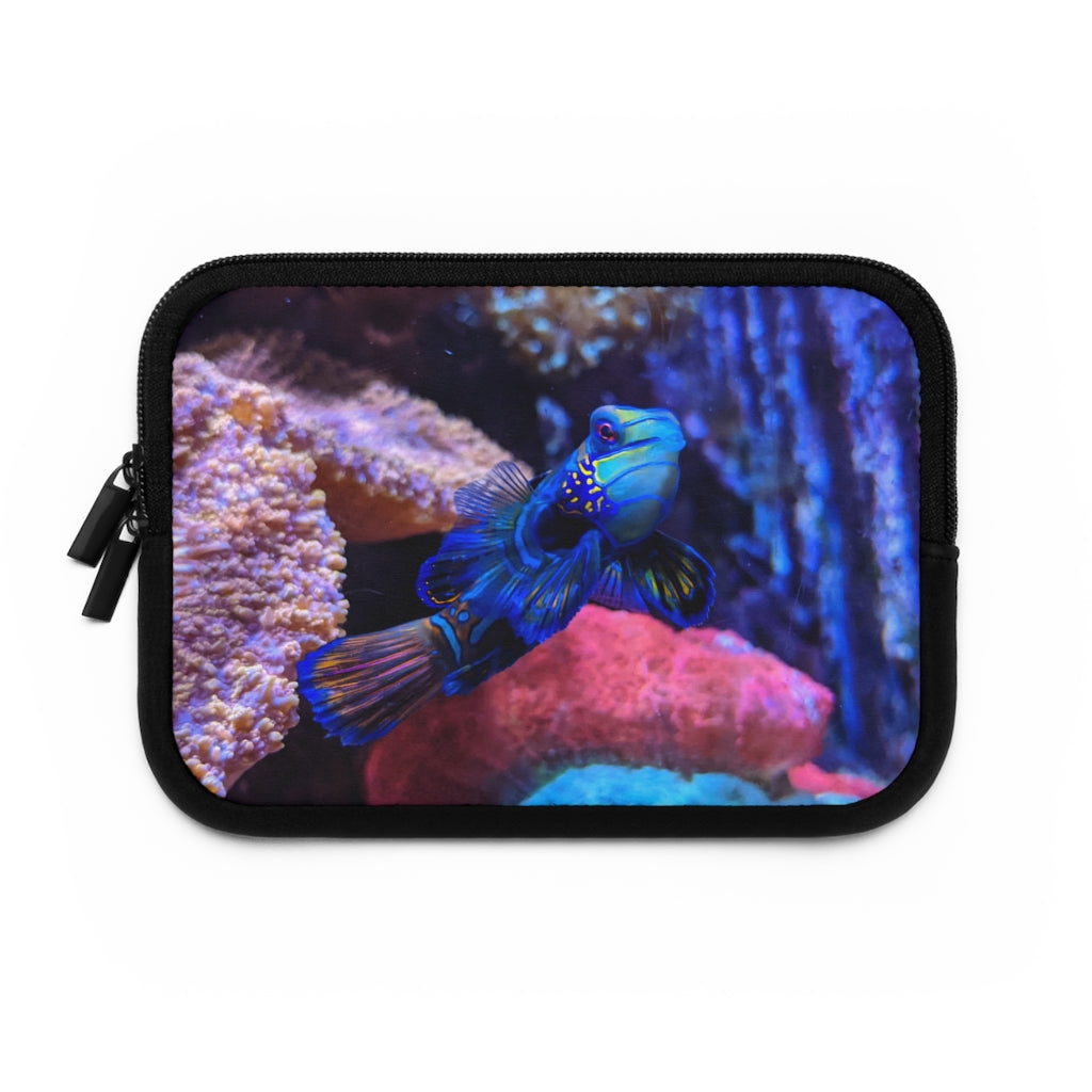 Blue Fish Laptop Sleeve featuring a vibrant fish design on the front and a solid black back, made from smooth neoprene material.